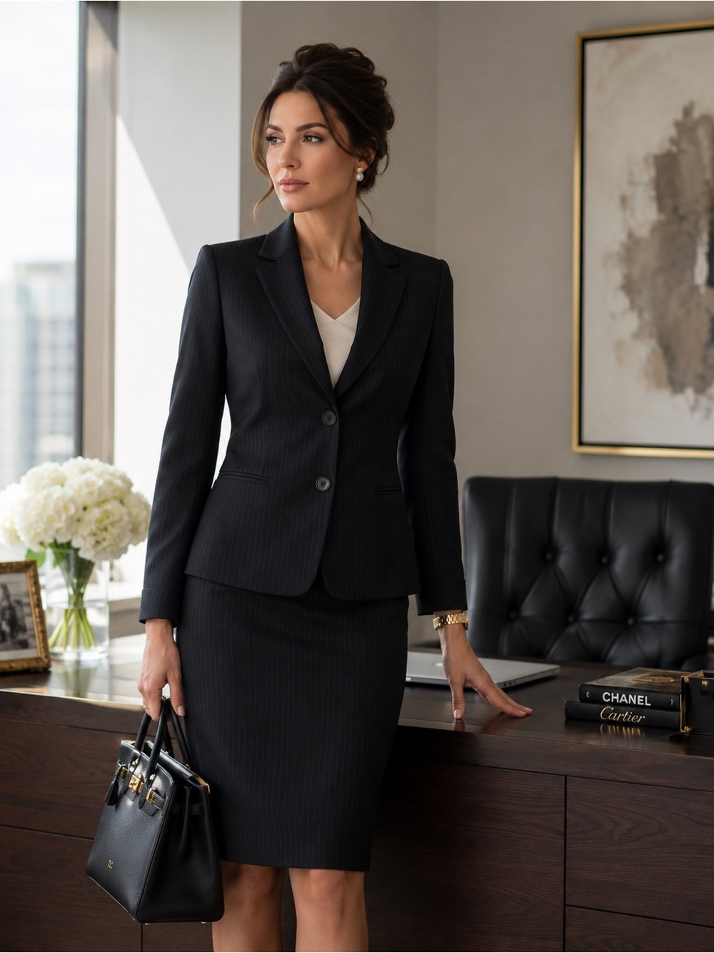 Calvin Klein Pinstripe Skirt Suit Set Black Size 16 Career Office Blazer Pencil